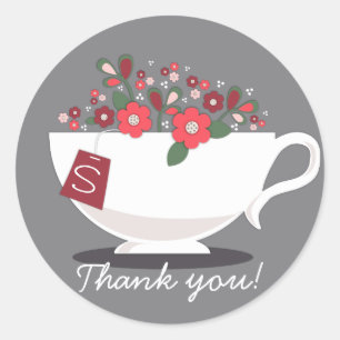 Redonda Teacup Coral Floral Monograma Gracias Pegatina