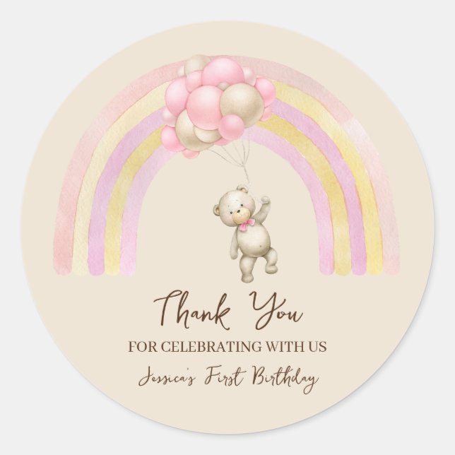 Redonda Teddy Bear Con Globos Primer Pegatina De Cumpleaño (Anverso)