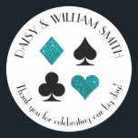 Redonda Tema de Las Vegas Pegatina de texto personalizado<br><div class="desc">La purpurina azul verdoso y los palos de cartas negros están rodeados de texto personalizable que hace que estas pegatinas redondas sean perfectas para todo tipo de proyectos y ocasiones. Úsalas para etiquetar favores para invitados de boda,  para cerrar sobres y más.</div>