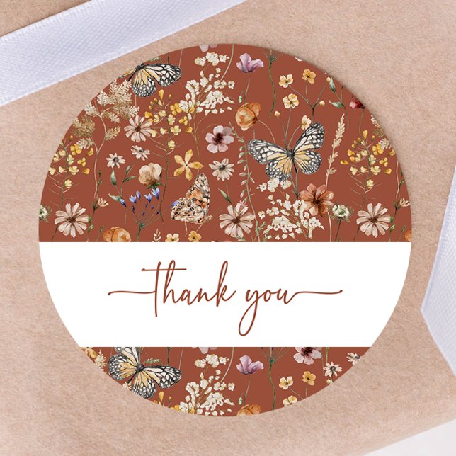 Redonda Terracotta Boho Wildflower Pegatina de Baby Shower (Terracotta Boho Wildflower Baby Shower Sticker by Painted Paperie
)
