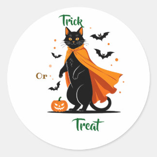 Redonda Truco o trato al Pegatina de Halloween de Gato Neg