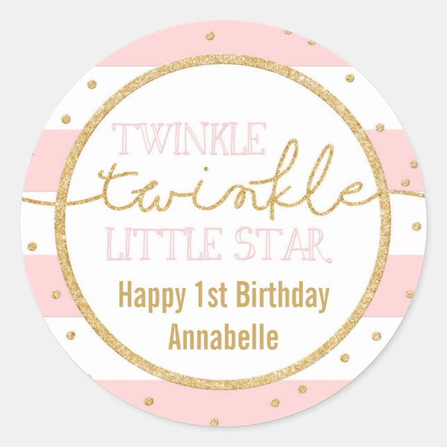 Redonda Twinkle Twinkle Pegatina de cumpleaños rosa y oro (Anverso)