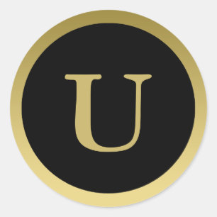 Redonda U :: Monograma U Elegante Pegatina de Oro y Negro