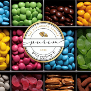 Redonda Un Freilichen Purim Script Pegatina con oro