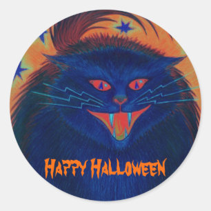 Redonda Un gato asustado azul pegatina 'Feliz Halloween'