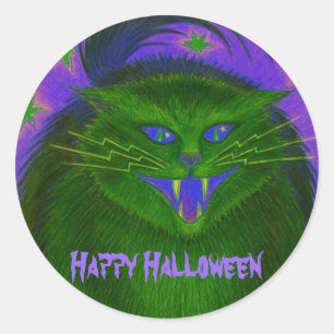Redonda Un gato asustado verde pegatina 'Feliz Halloween'