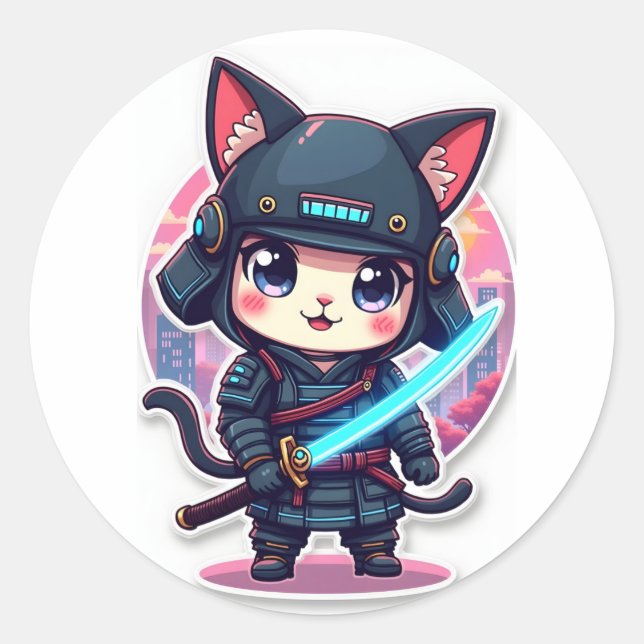Redonda Un lindo cibersamurai, un gato Pegatina de anime p (Anverso)