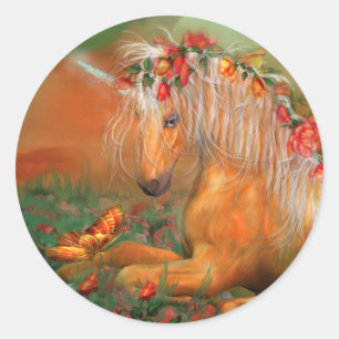 Redonda Unicornio del pegatina del arte de los rosas