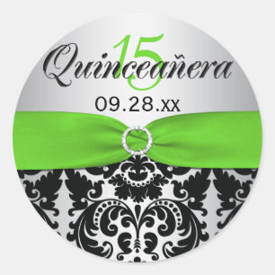 Redonda Verde, plateado, negro Damask Quinceanera Pegatina