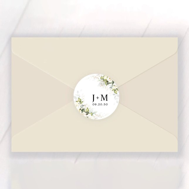 Redonda Verde Rosas blancas Boda Pegatina redondo clásico (Subido por el creador)