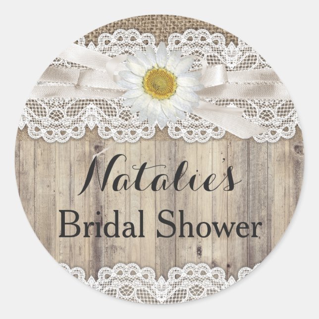 Redonda Vintage Burlap Lace & Daisy Bridal Shower Pegatina (Anverso)