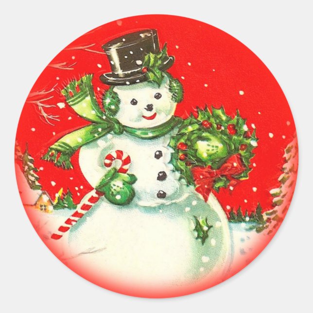 Redonda Vintage Christmas Snowman Pegatina (Anverso)