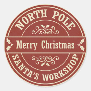 Redonda Vintage red Merry Christmas North Pole pegatina
