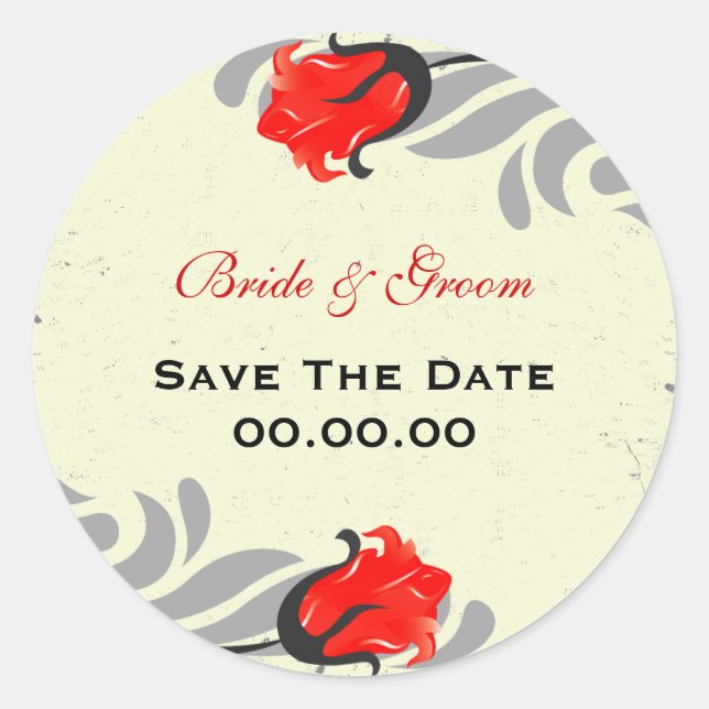 Redonda Vintage Red Roses Save the Date Pegatina (Anverso)