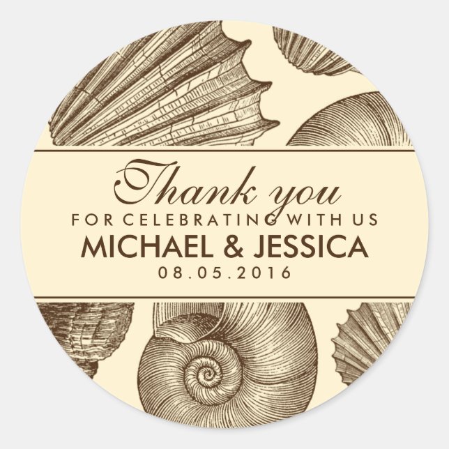 Redonda Vintage Seashell Wedding Favor Gracias Pegatina (Anverso)
