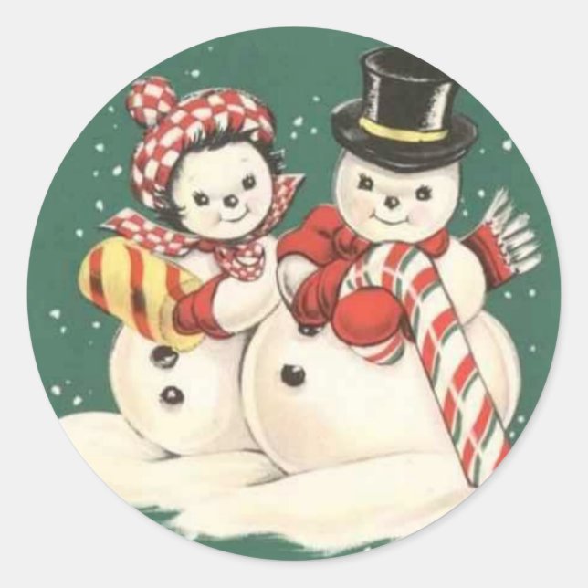 Redonda Vintage Snowman Pegatina (Anverso)