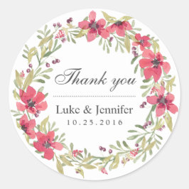 Redonda Vintage Watercolor Pink Floral Wreath Pegatina