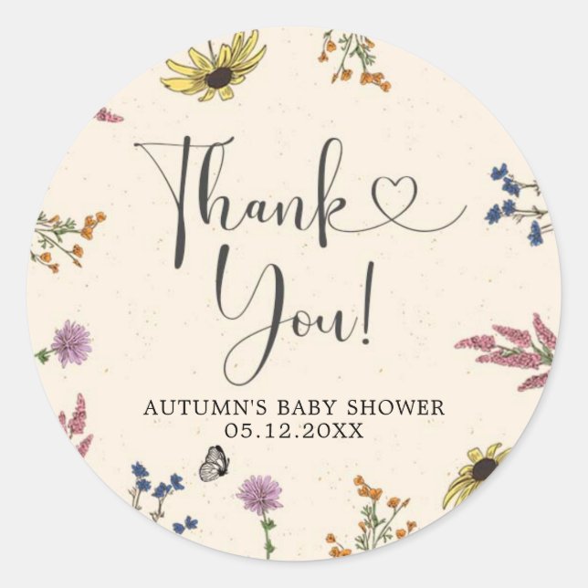 Redonda Vintage Wildflower Baby Shower Gracias Pegatina (Anverso)