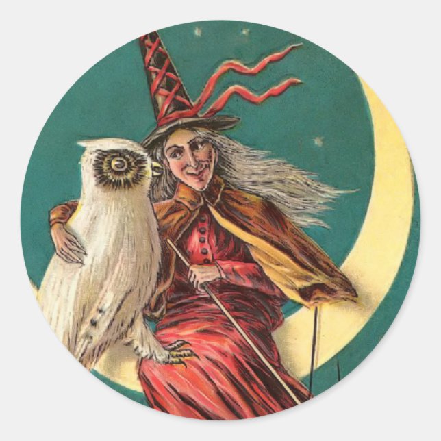 Redonda Vintage Witch and Owl Pegatina (Anverso)