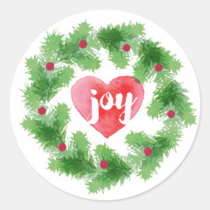 Redonda Watercolor Joy Pine Wreath Holiday Pegatina