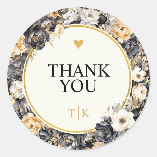 Redonda Watercolor Peonies Monograma Gracias Pegatina (Anverso)