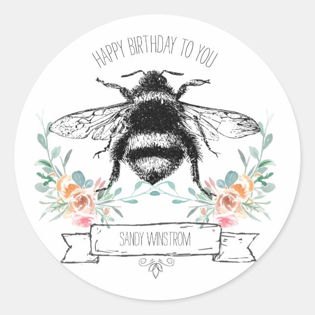 Redonda Whimsical Honey Bee Happy Birday Floral Pegatina (Anverso)
