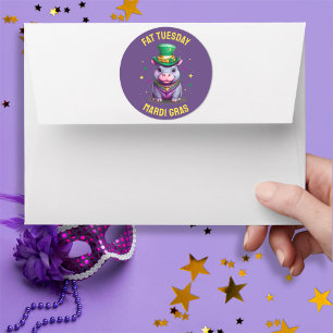 Redonda Whimsical Mardi Gras Fat Tuesday Hippo Pegatina