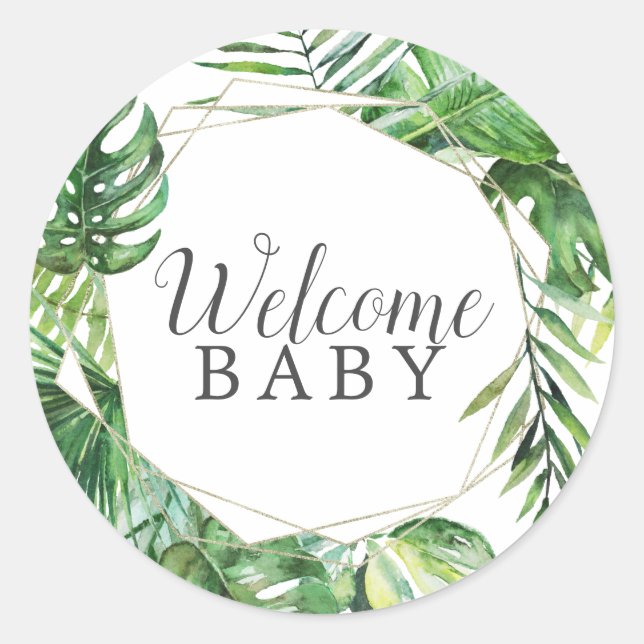 Redonda Wild Tropical Palm Welcome Baby Shower Pegatina (Anverso)