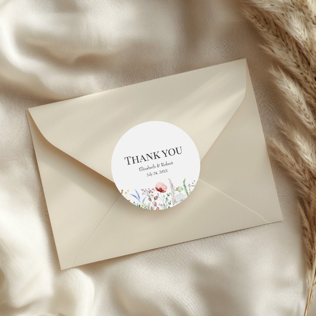 Redonda Wildflower Meadow Boda Gracias Pegatina (Wildflower Meadow Wedding Thank You Sticker on a wedding envelope)