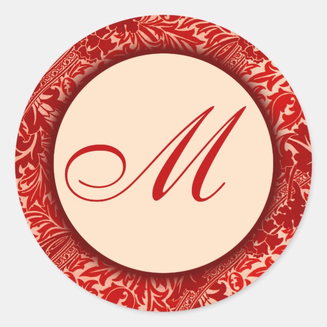 Redonda William Morris Red Leaves Monogramado Pegatina (Anverso)