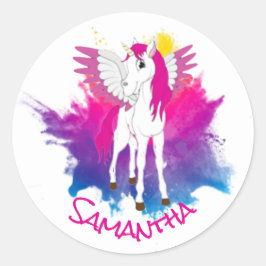 Redonda Wing Unicorn Fiesta Pegatina redondo rosa clásico