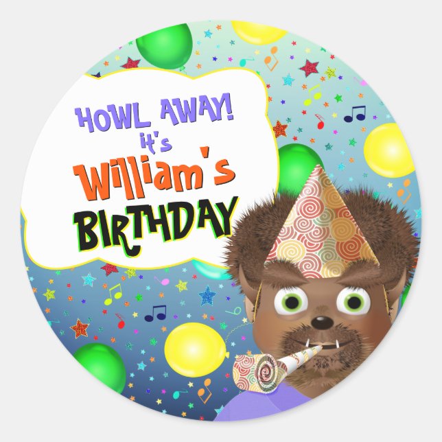 Redonda Wolf Monster Birthday Party Classic Round Pegatina (Anverso)