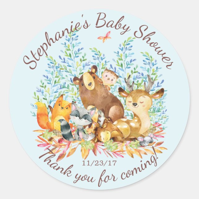 Redonda Woodland Animals Boys Baby Shower Favor Pegatina (Anverso)