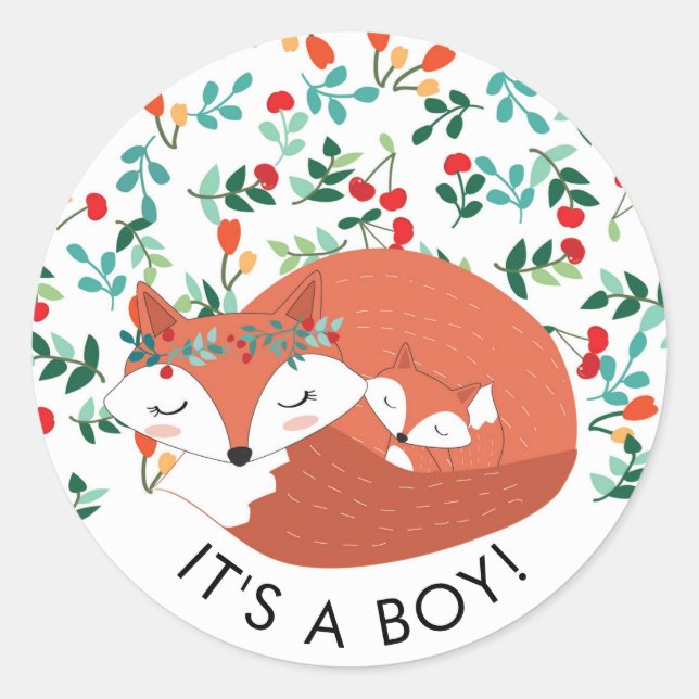 Redonda Woodland Fox It's a BOY Favor Pegatina (Anverso)