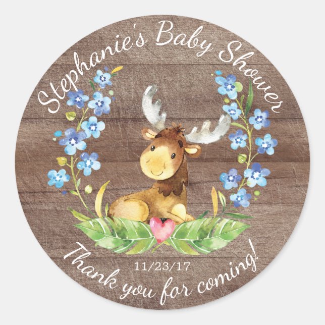 Redonda Woodland Moose Boys Baby Shower Favor Pegatina (Anverso)