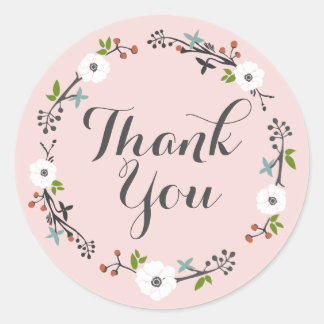 Redonda Wreath de rama floral rosa | Gracias Pegatina