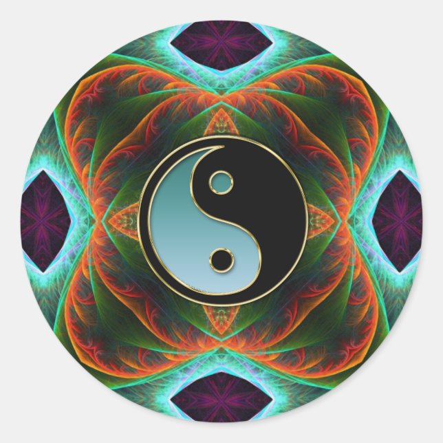 Redonda Yin Yang Aqua Green Fractal Art Pegatina (Anverso)
