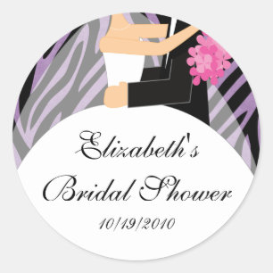 Redonda Zebra Bride Groom Bridal Shower Pegatina Purple