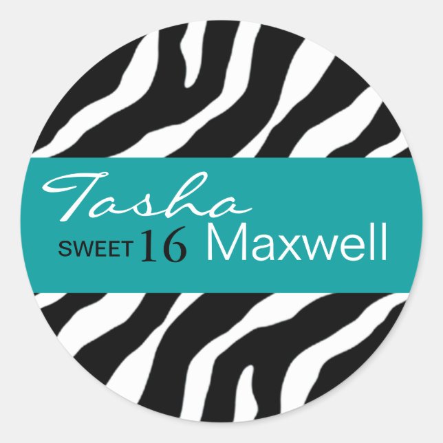 Redonda Zebra Damask Fabulous Sweet 16 Fiesta Pegatina (Anverso)