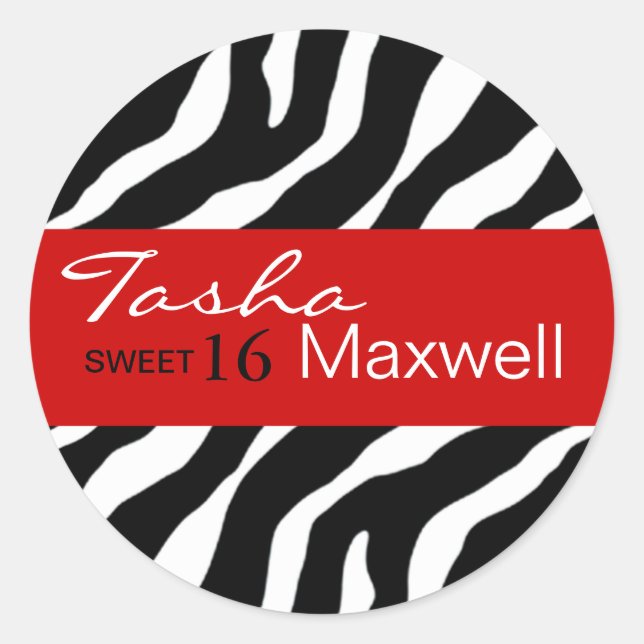 Redonda Zebra Damask Fabulous Sweet 16 Fiesta Pegatina (Anverso)