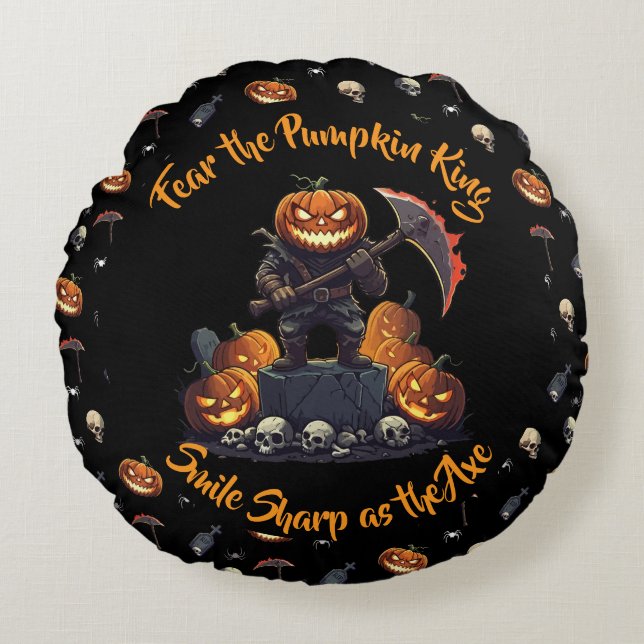 Redondo 🖤 Black Pumpkin King Cojín decorativo 🎃 (Anverso)
