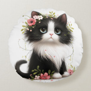 Redondo Bonito gatito de Tuxedo con Cojín decorativo de fl