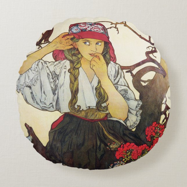 Redondo Chica y Geranium, Cojín decorativo Alphonse Mucha (Anverso)