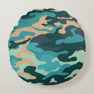 Redondo Cojín de camuflaje azul y verde