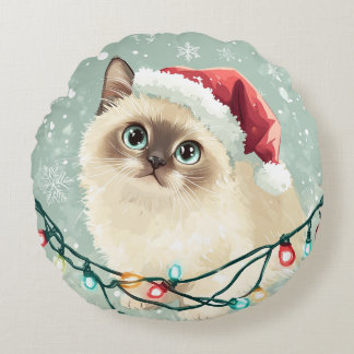 Redondo Cojín de un gato en un gorra Navidad
