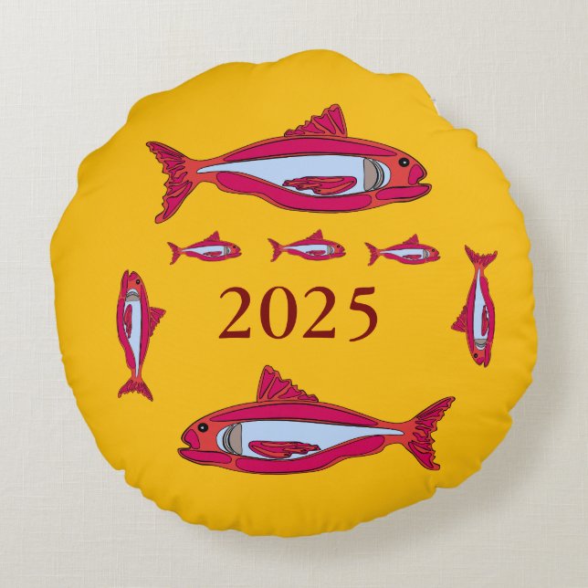 Redondo Cojín decorativo amarillo con peces rojos 2025 (Reverso)