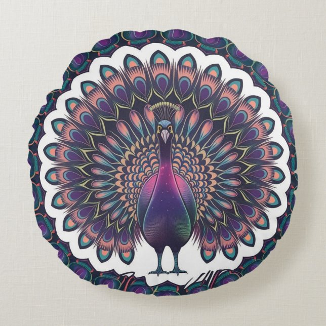 Redondo Cojín decorativo Cosmic Peacock Mandala (Anverso)