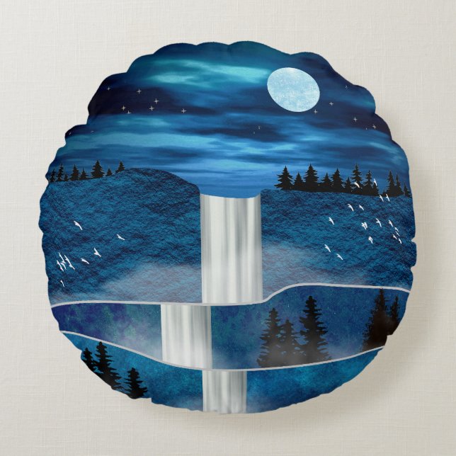 Redondo Cojín decorativo de cascada azul (Anverso)