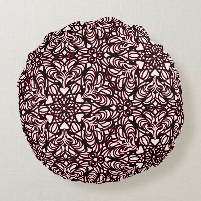 Redondo Cojín decorativo de diseño de corazones rojos y ne (Reverso)