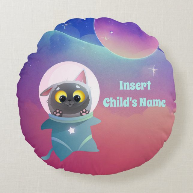 Redondo Cojín decorativo de gato espacial personalizado (Anverso)